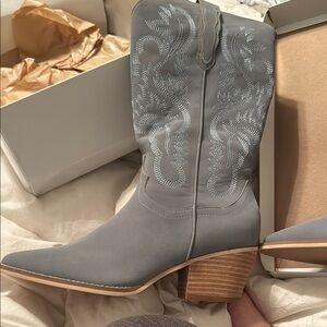 Elegant slate blue gray  Embroidered Heeled Boots- vici